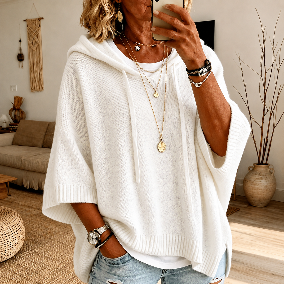 Janice | Jersey poncho blanco con capucha