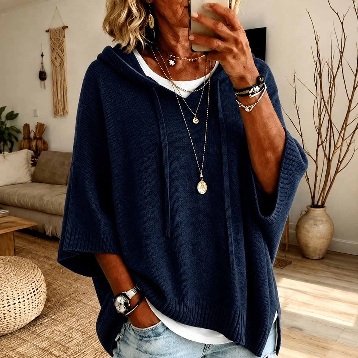 Juliette | Jersey poncho azul marino con capucha