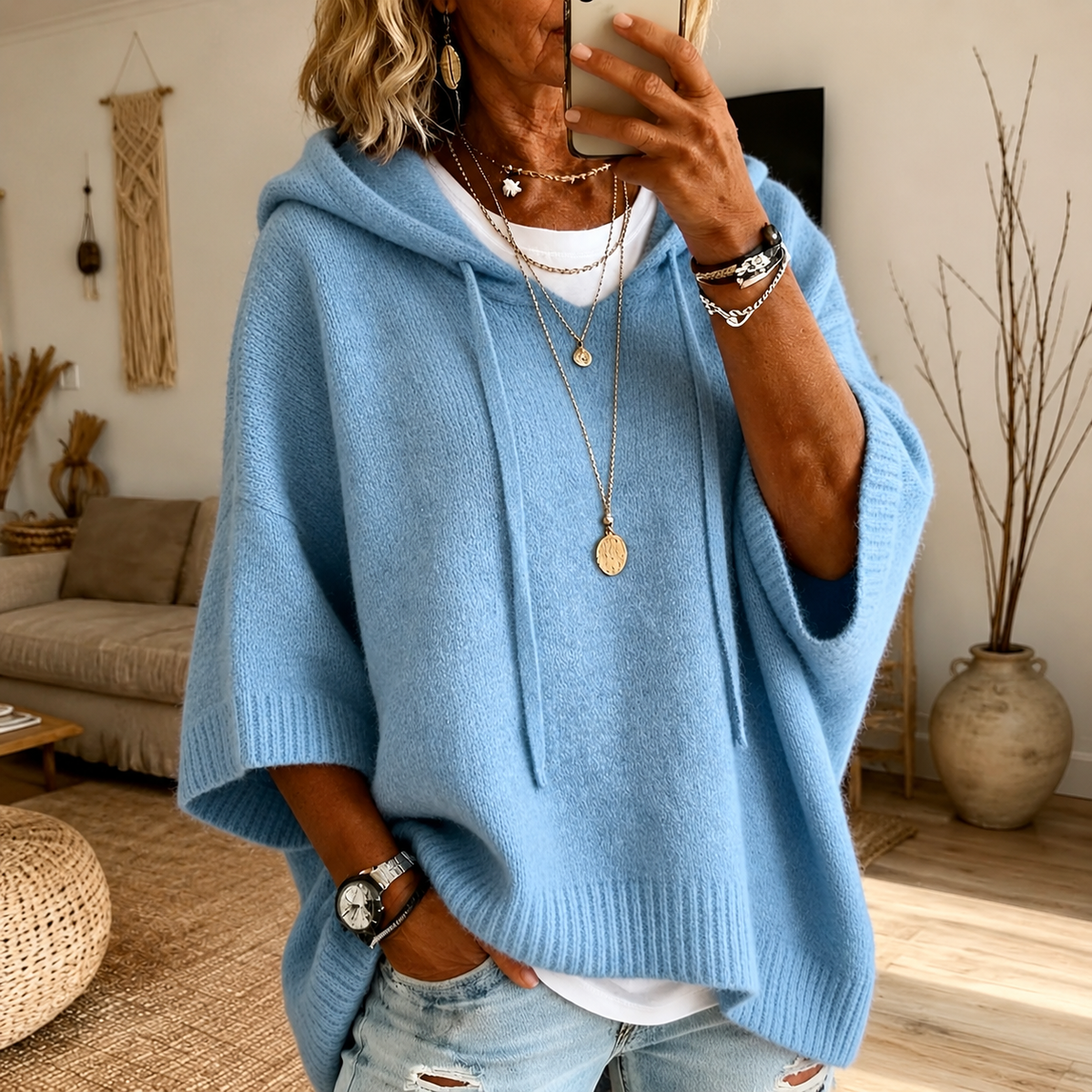 Lea | Jersey poncho azul cielo con capucha