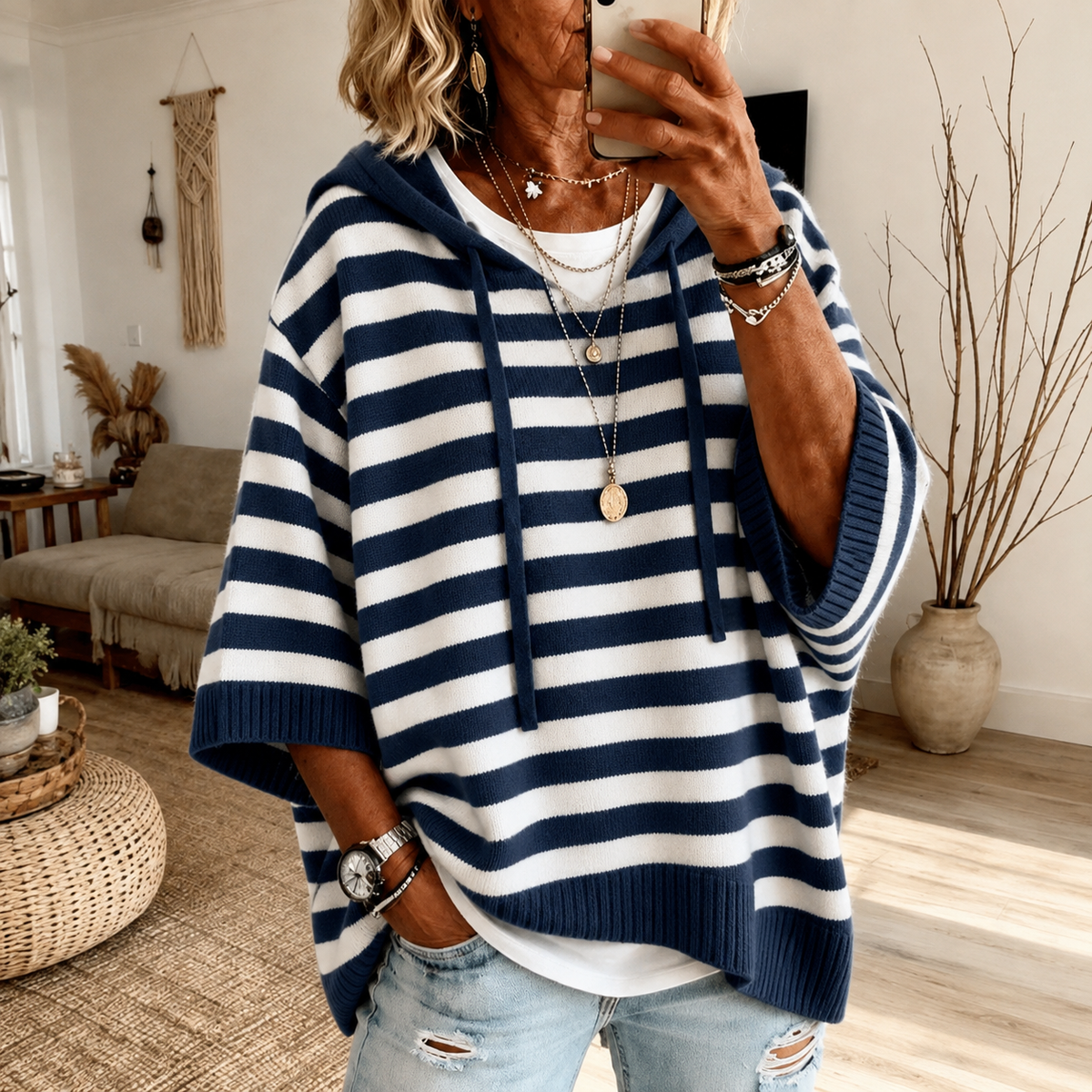 Marine | Jersey poncho azul marino de rayas con capucha