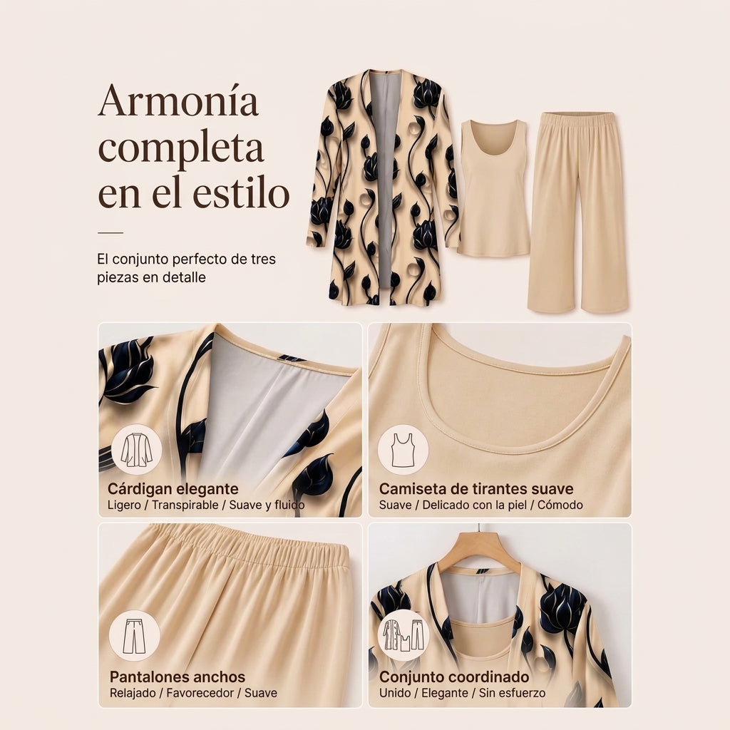 Amira | Elegante conjunto de 3 piezas para mujer con estampado refinado y corte perfecto y cómodo