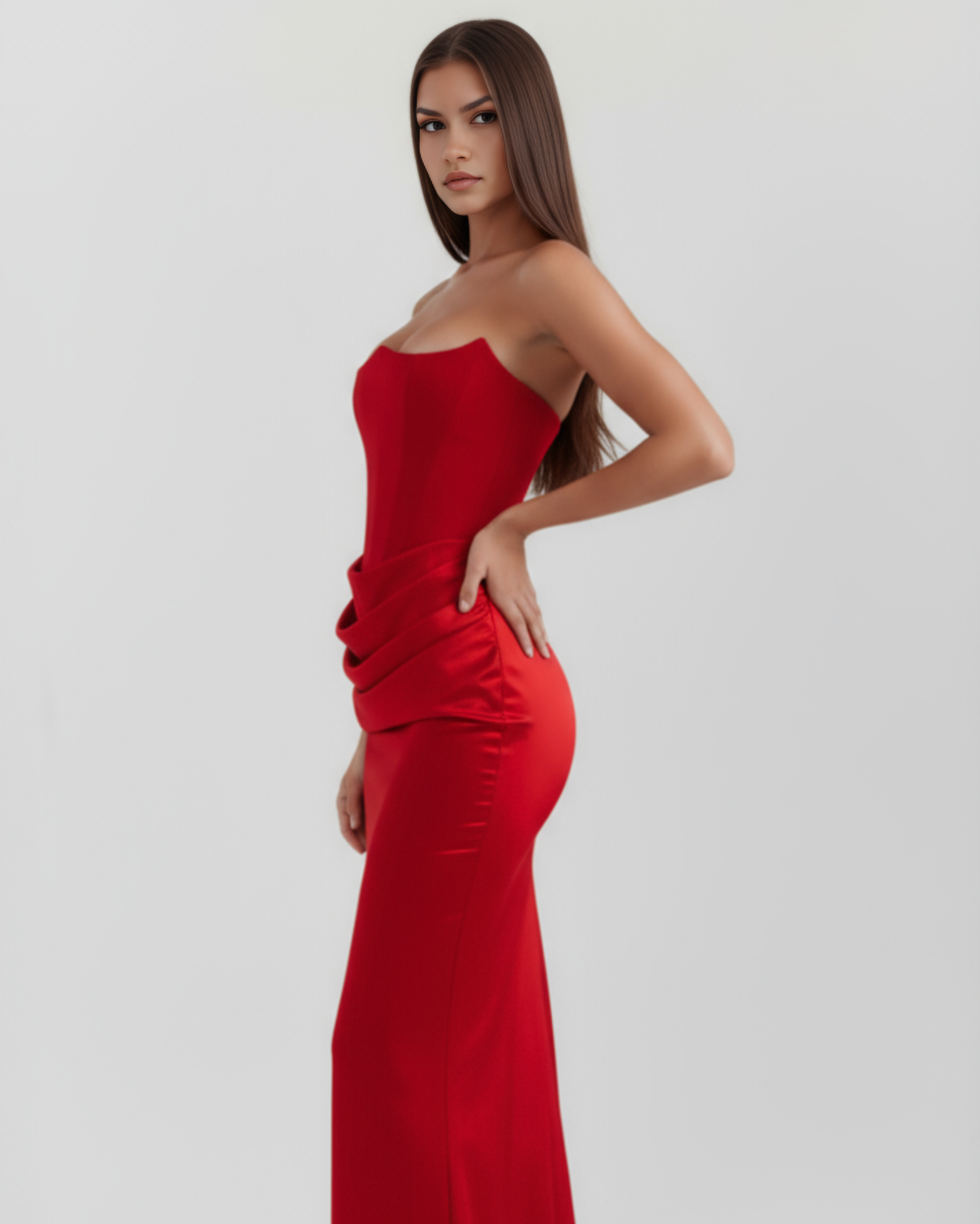 Rosalind | Vestido largo rojo con corsé moldeado sin tirantes