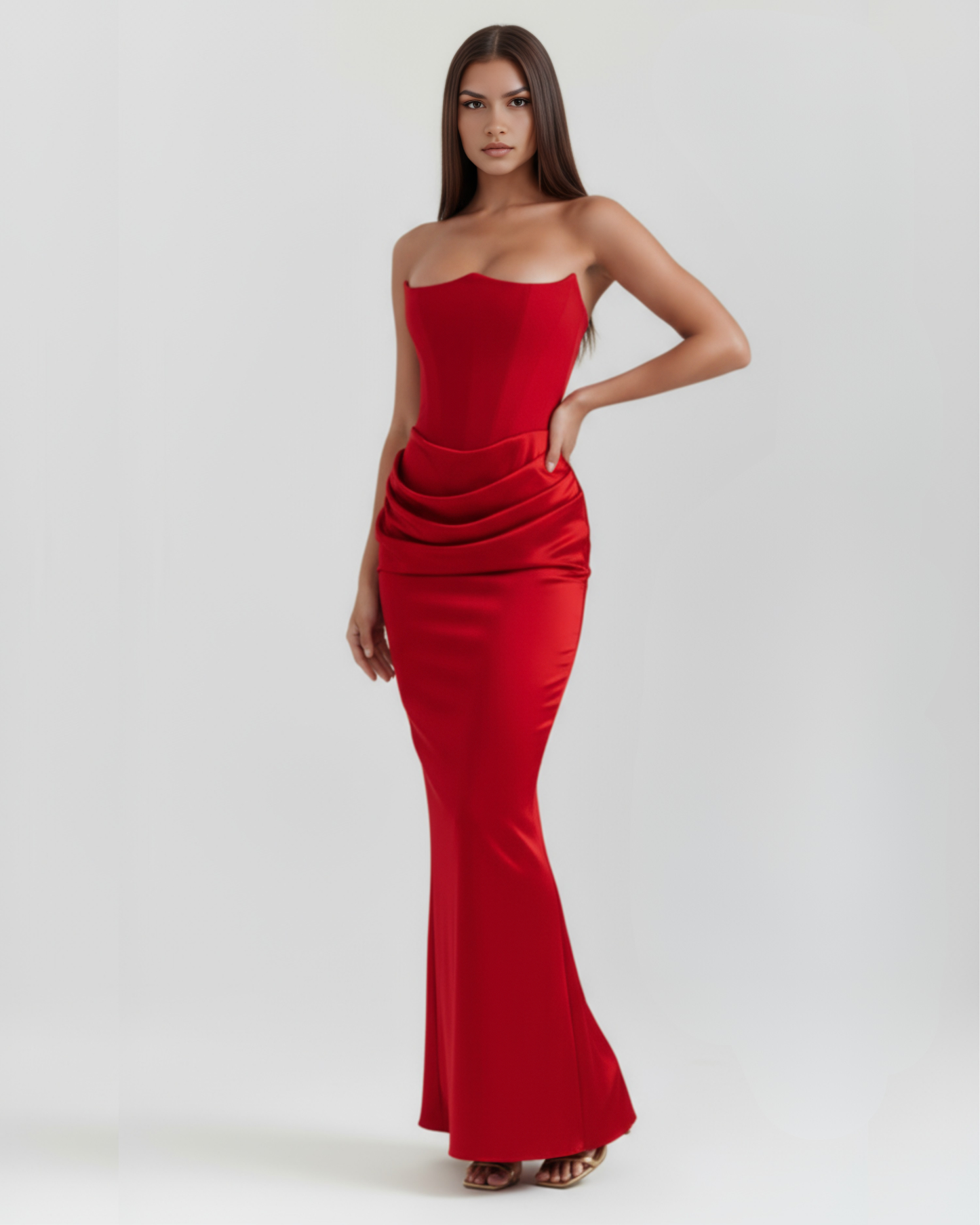 Rosalind | Vestido largo rojo con corsé moldeado sin tirantes