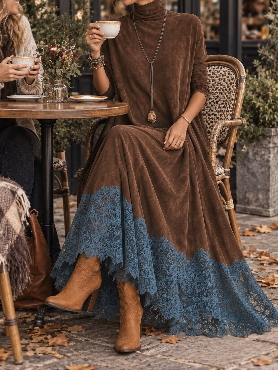 Antonella | Vestido Elegante de estilo vintage con efecto ante y bajo de encaje