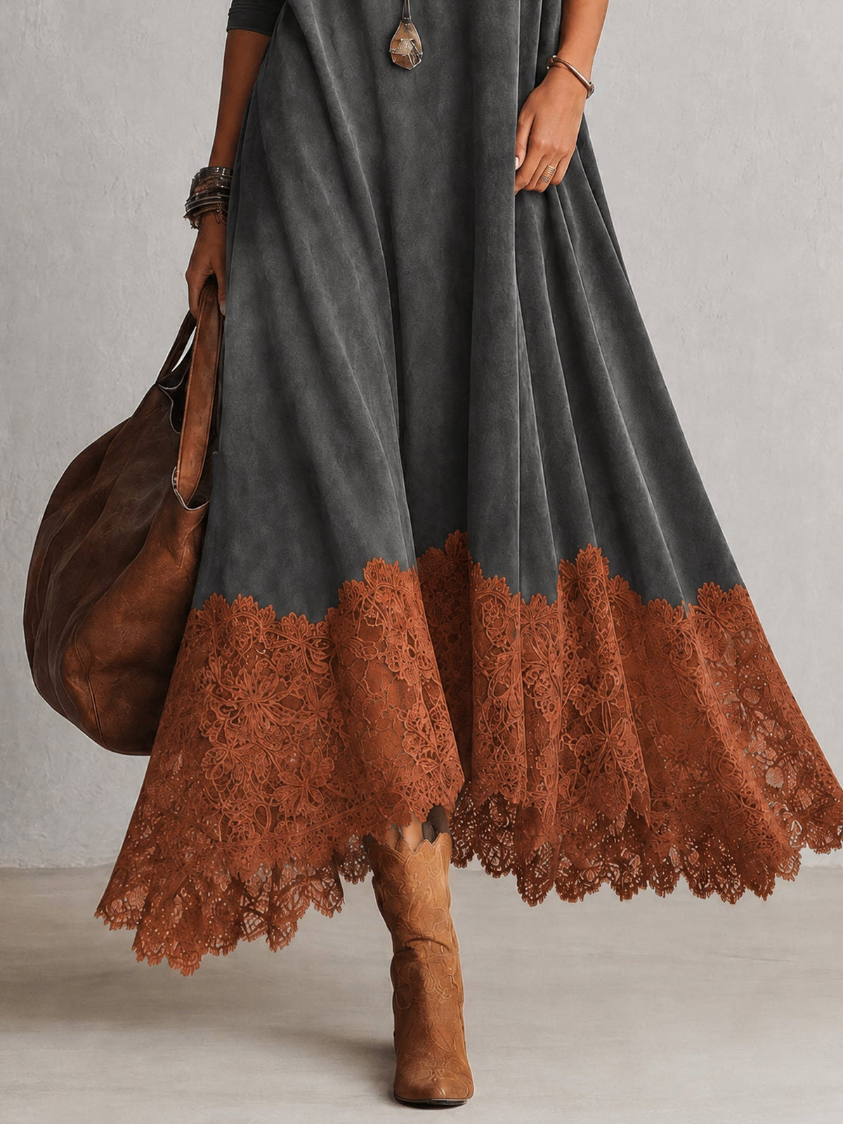 Antonella | Vestido Elegante de estilo vintage con efecto ante y bajo de encaje