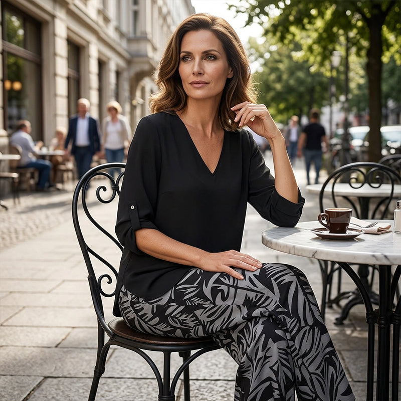 Leire - Conjunto de mujer blusa con cuello en V y pantalones estampados de corte ancho