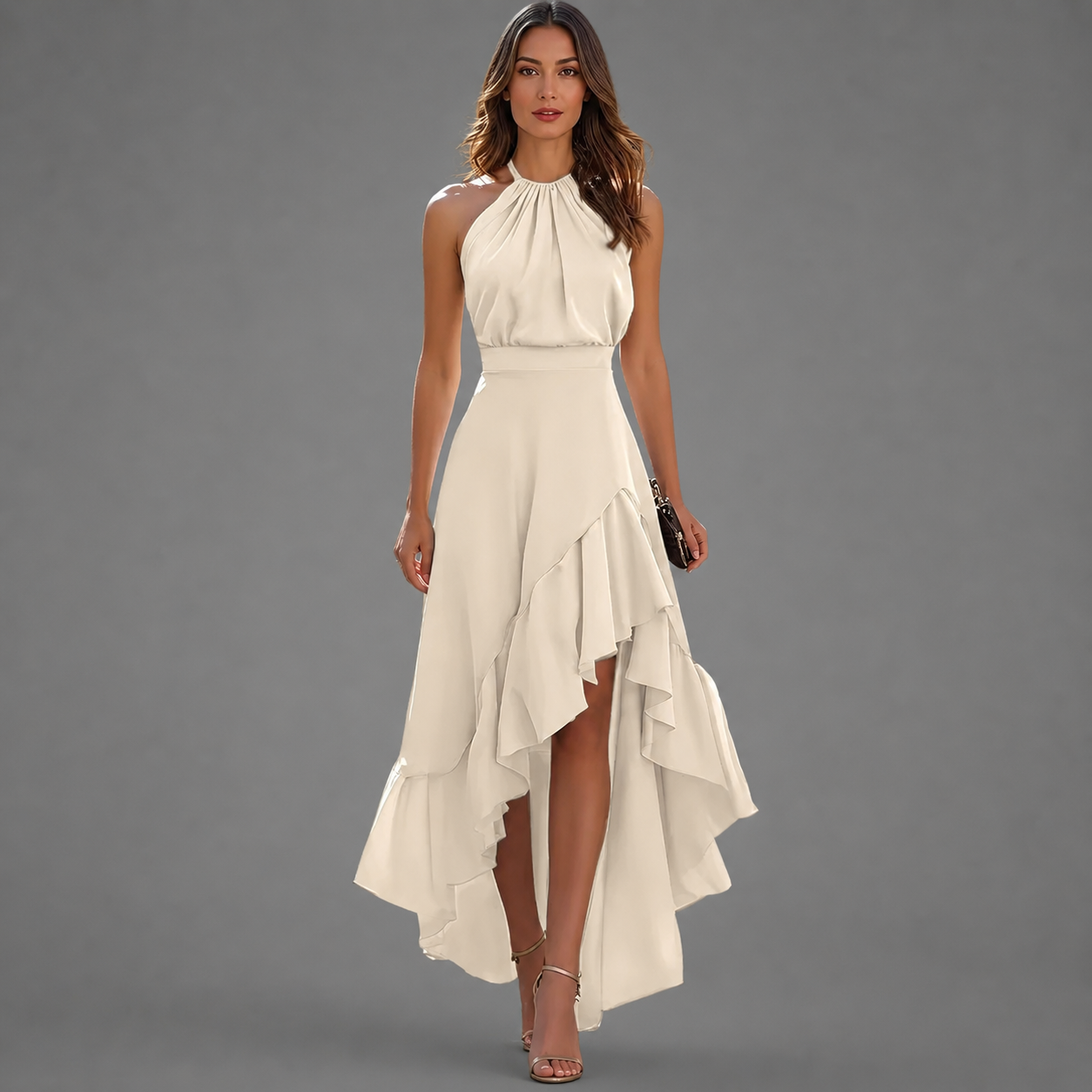 SARA – Elegante vestido con bajo asimétrico y Volantes en Cascada