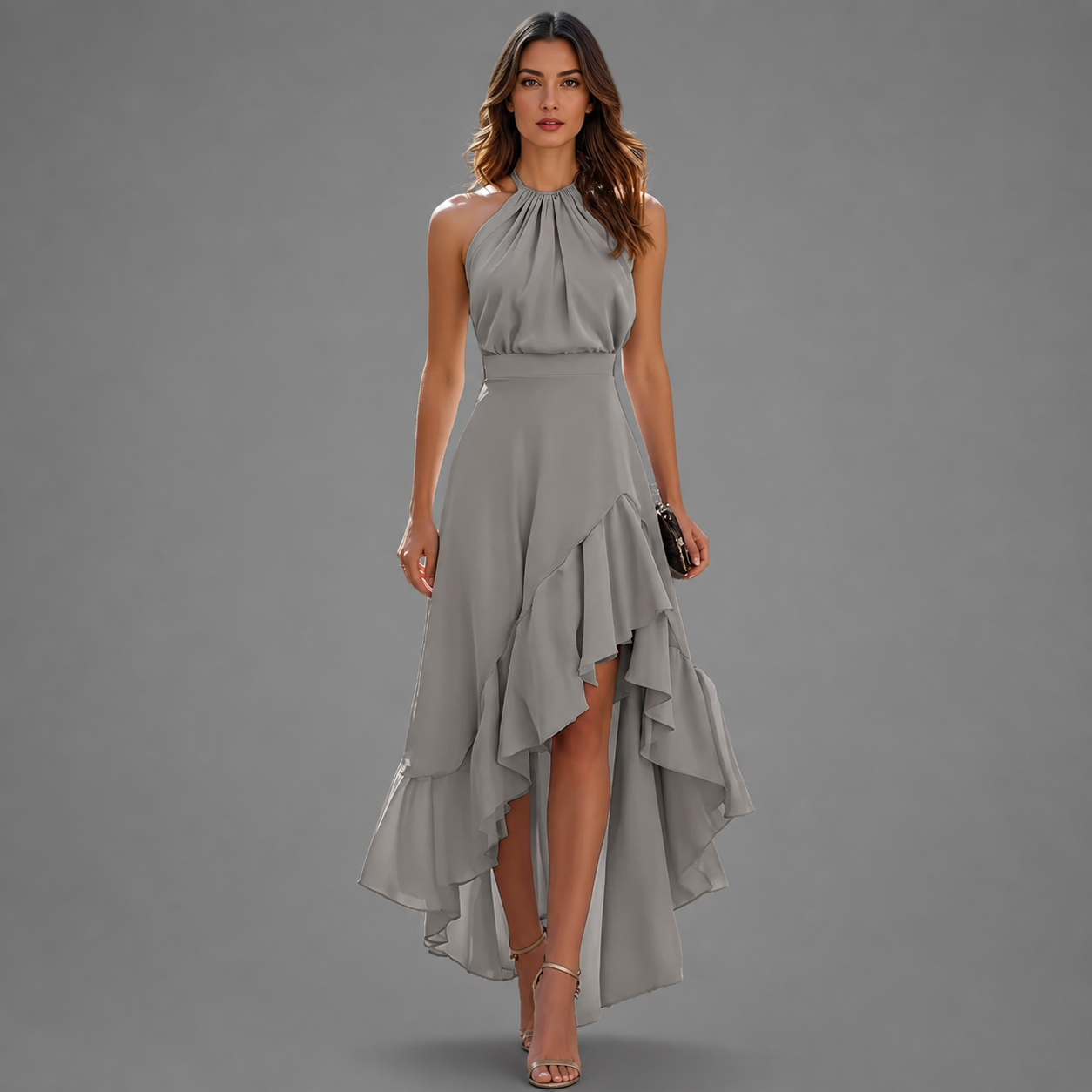 SARA – Elegante vestido con bajo asimétrico y Volantes en Cascada