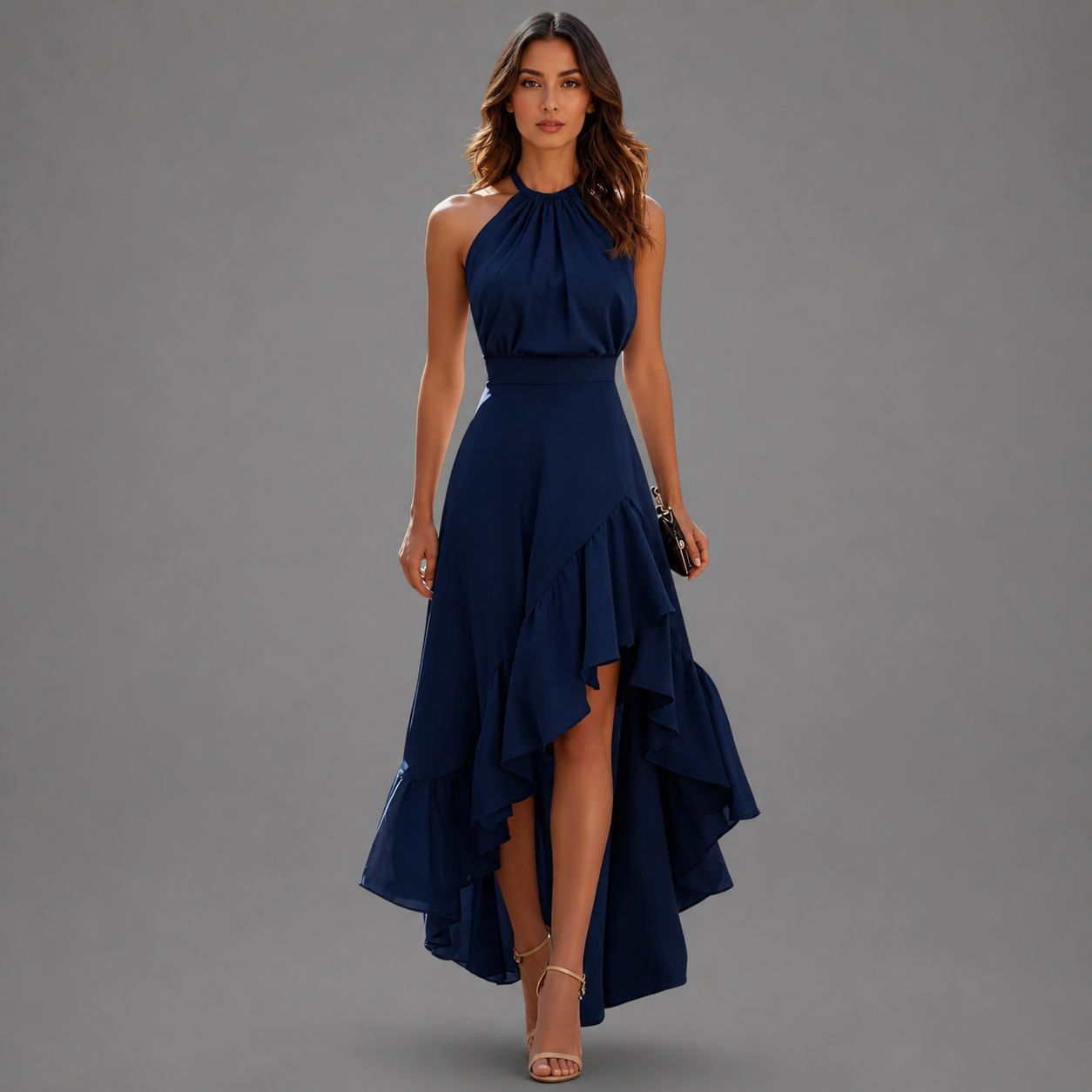 SARA – Elegante vestido con bajo asimétrico y Volantes en Cascada