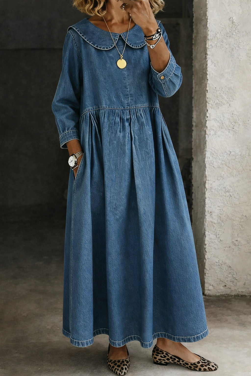 Nita | Vestido midi denim vintage con cuello Peter Pan