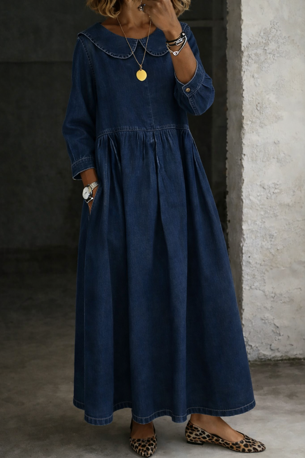 Nita | Vestido midi denim vintage con cuello Peter Pan