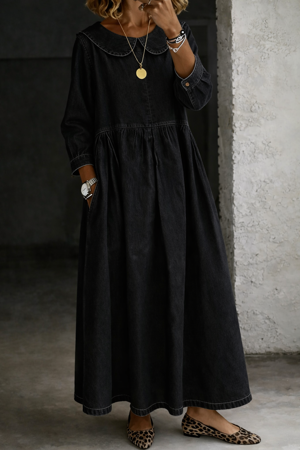 Nita | Vestido midi denim vintage con cuello Peter Pan