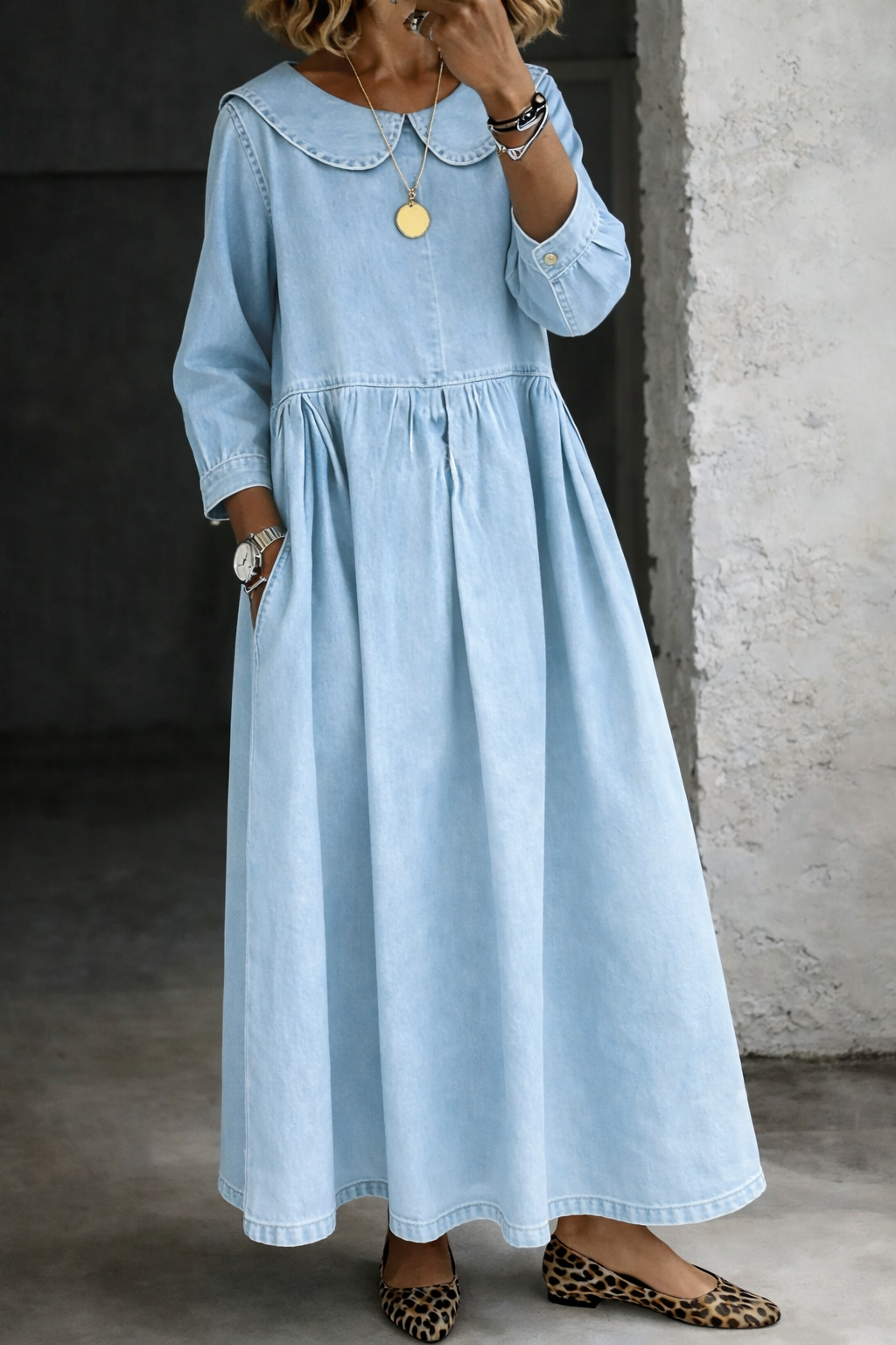 Nita | Vestido midi denim vintage con cuello Peter Pan