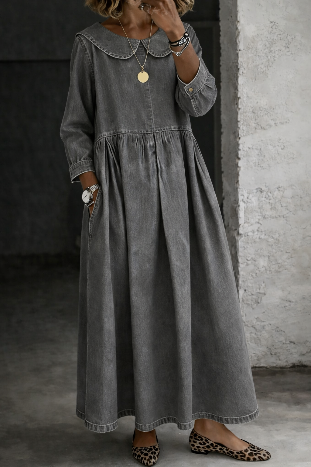 Nita | Vestido midi denim vintage con cuello Peter Pan