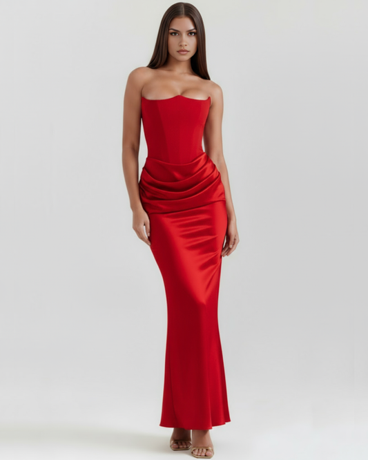 Rosalind | Vestido largo rojo con corsé moldeado sin tirantes