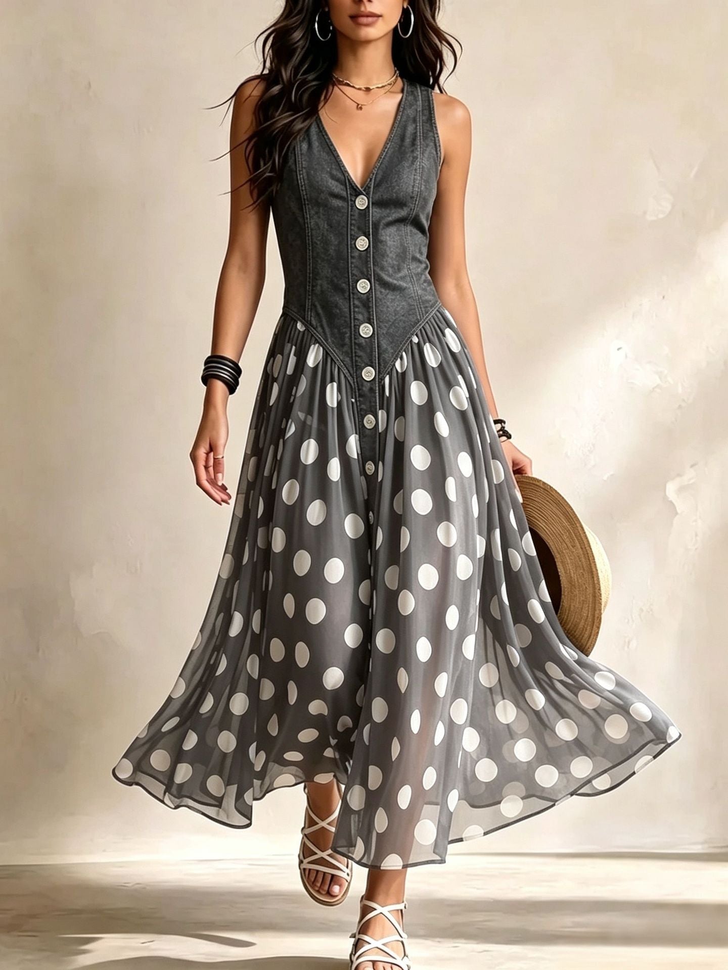 Brenda | Vestido Elegante con Falda de gasa con Lunares