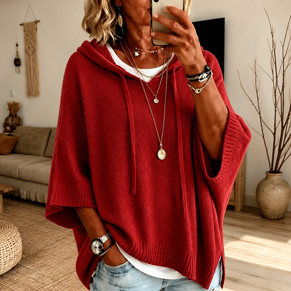 Claire | Jersey poncho rojo con capucha