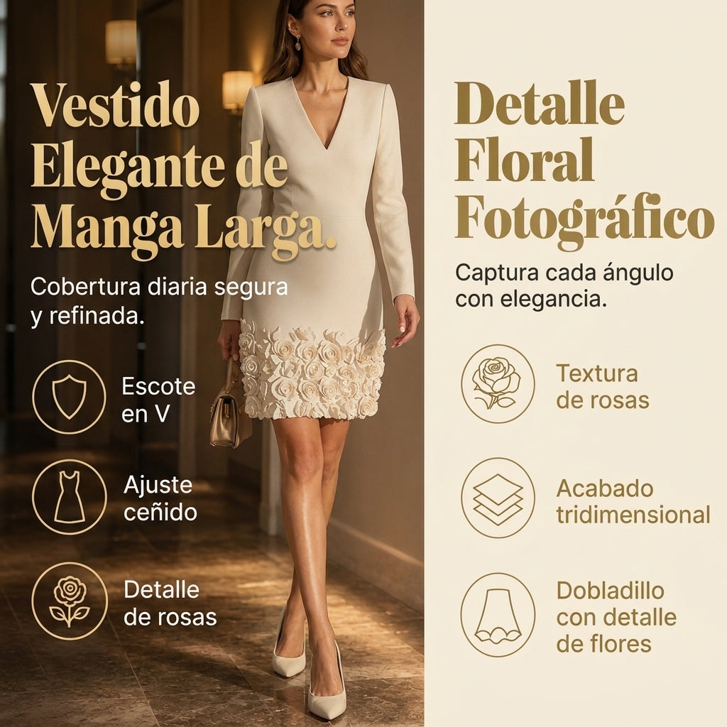 Camelia | Vestido elegante con bajo floral en relieve y escote en V