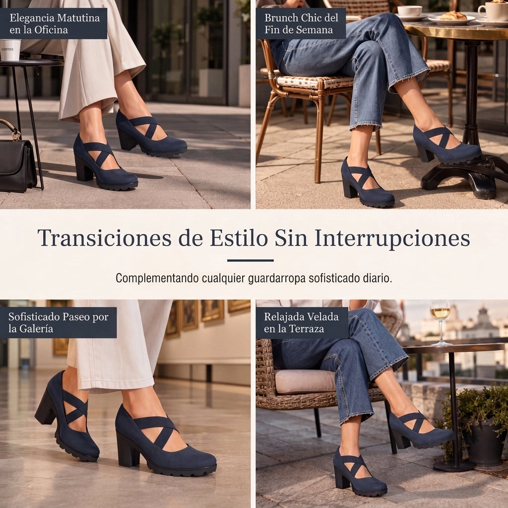 Lola | Zapatos para mujer con plataforma, puntera redonda, correa cruzada y tacón grueso