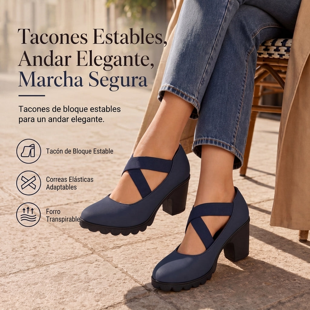 Lola | Zapatos para mujer con plataforma, puntera redonda, correa cruzada y tacón grueso