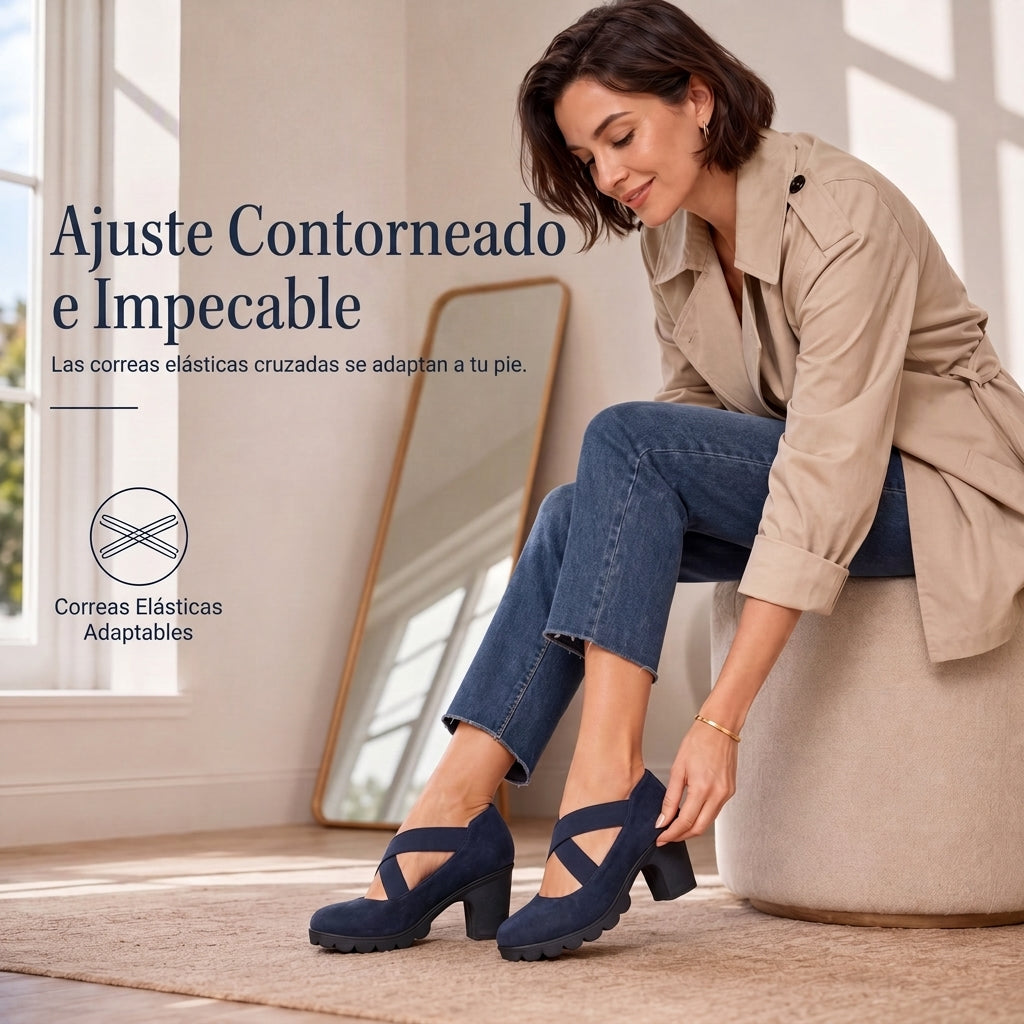 Lola | Zapatos para mujer con plataforma, puntera redonda, correa cruzada y tacón grueso