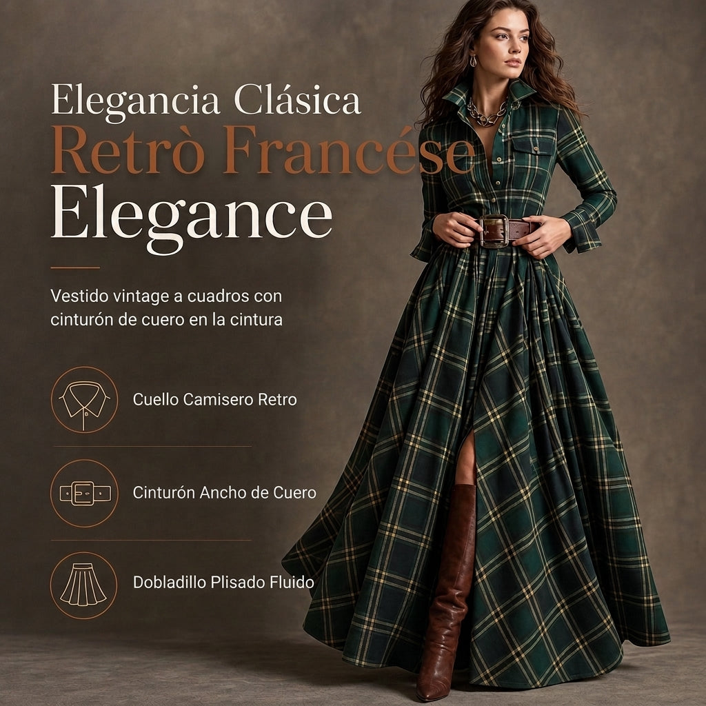 Senna | Elegancia de inspiración francesa.Vestido largo de estilo retro con estampado de cuadros