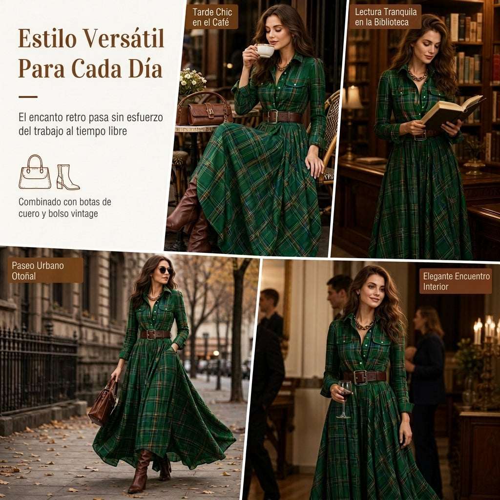 Senna | Elegancia de inspiración francesa.Vestido largo de estilo retro con estampado de cuadros