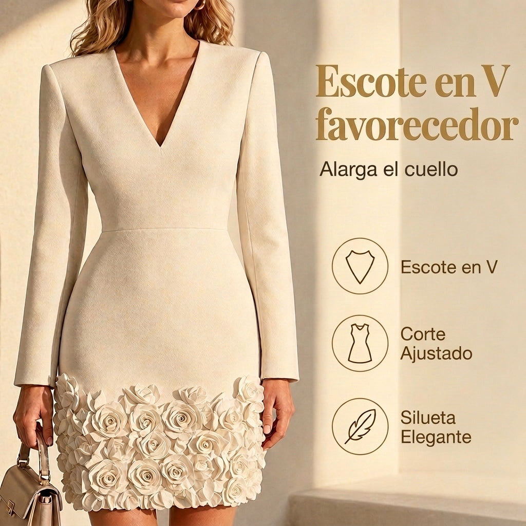 Camelia | Vestido elegante con bajo floral en relieve y escote en V