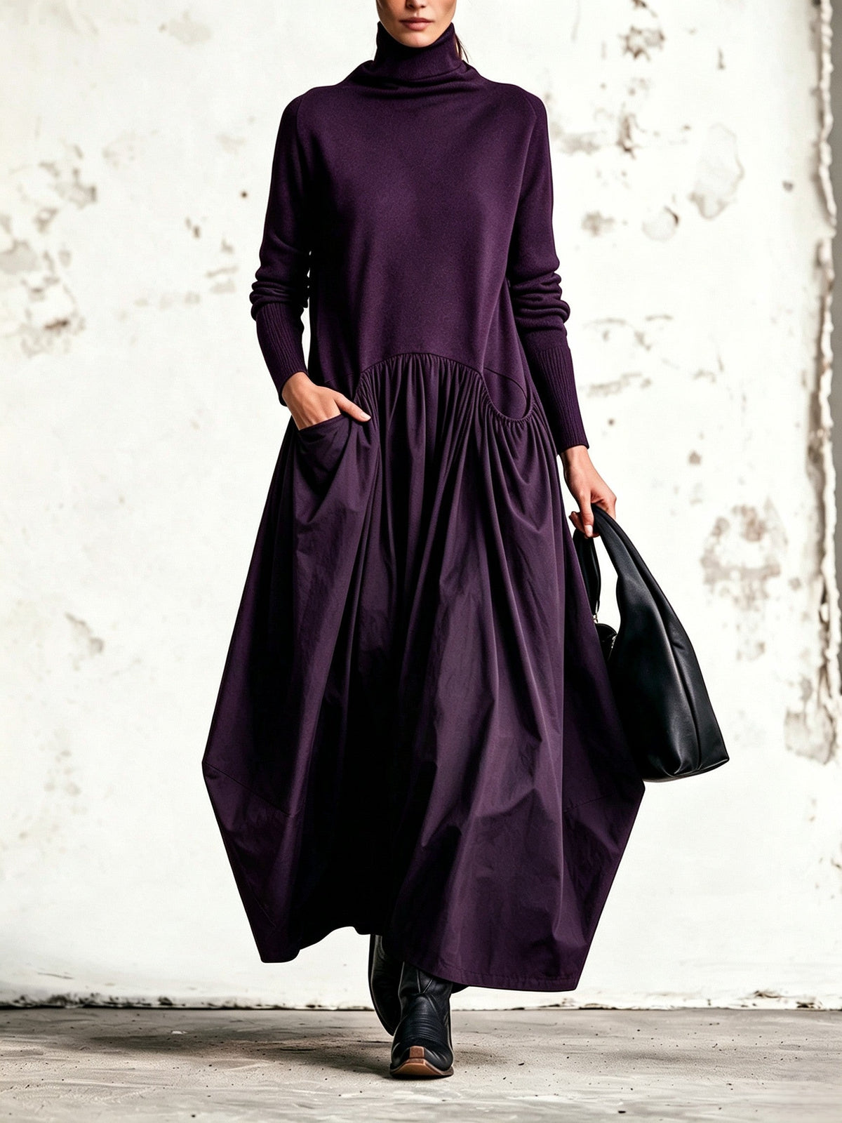 Chiara | Vestido elegante oversize con cuello alto y bolsillos decorativos