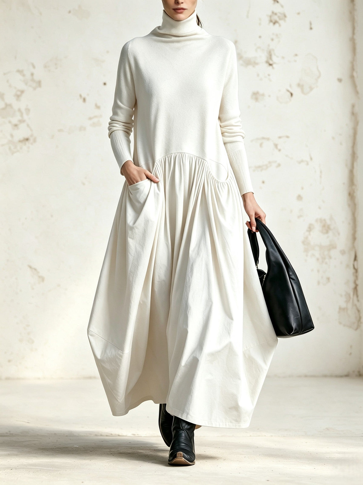 Chiara | Vestido elegante oversize con cuello alto y bolsillos decorativos