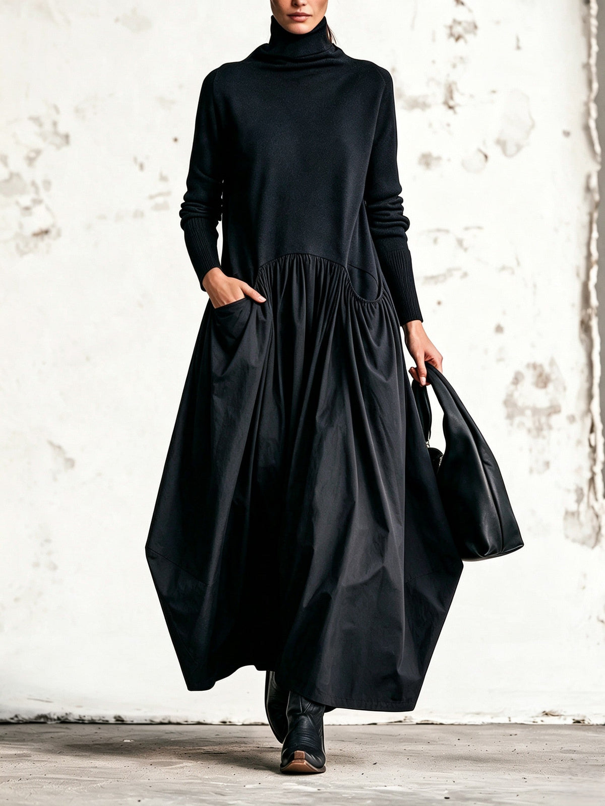 Chiara | Vestido elegante oversize con cuello alto y bolsillos decorativos