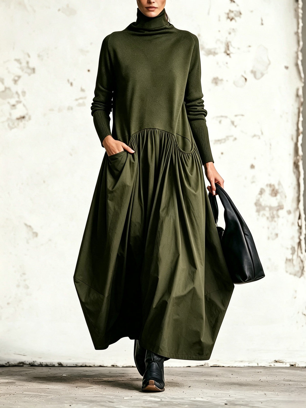Chiara | Vestido elegante oversize con cuello alto y bolsillos decorativos