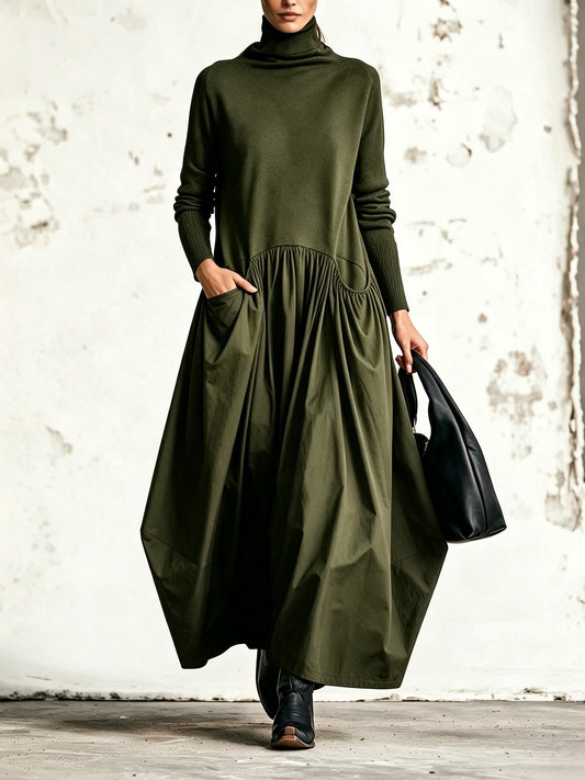 Chiara | Vestido elegante oversize con cuello alto y bolsillos decorativos