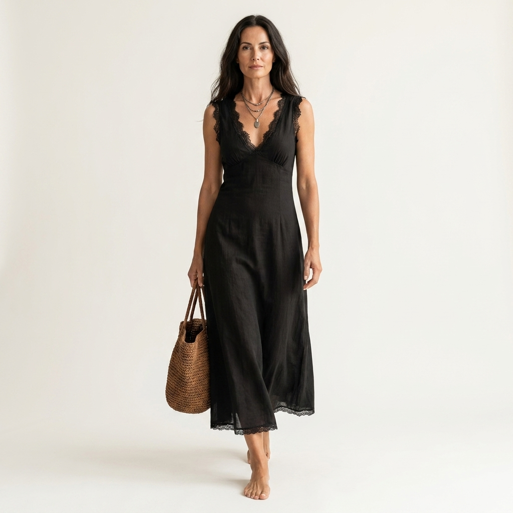 Maria | Vestido Midi Elegante con Escote en V sin Mangas y con Encaje