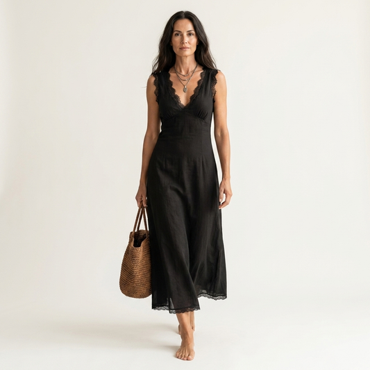 Maria | Vestido Midi Elegante con Escote en V sin Mangas y con Encaje