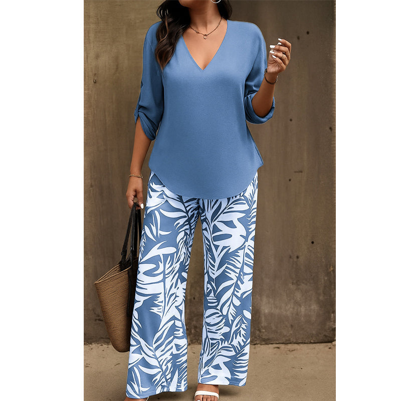 Leire - Conjunto de mujer blusa con cuello en V y pantalones estampados de corte ancho