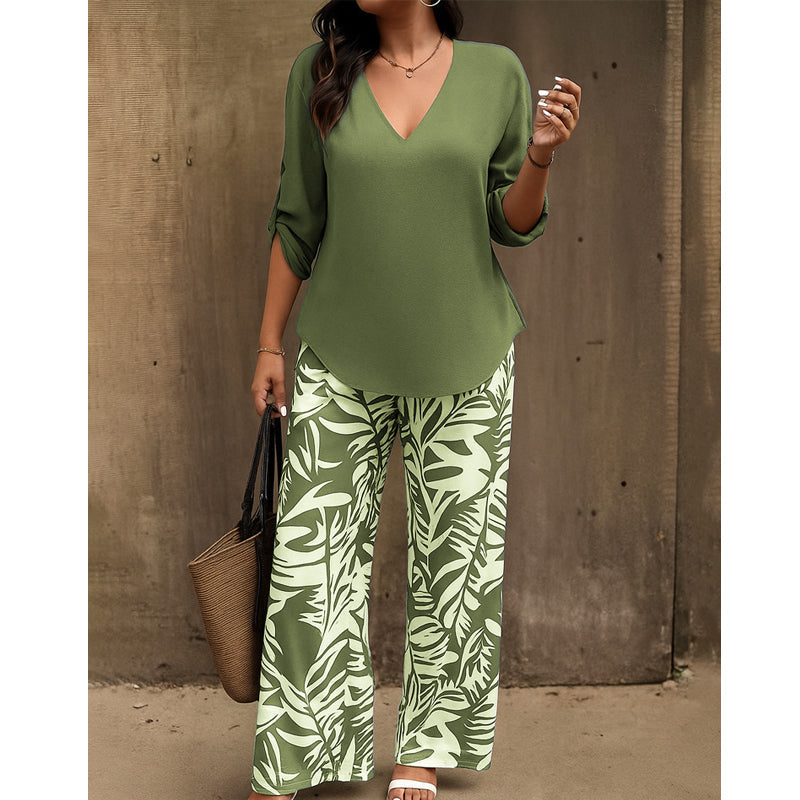 Leire - Conjunto de mujer blusa con cuello en V y pantalones estampados de corte ancho