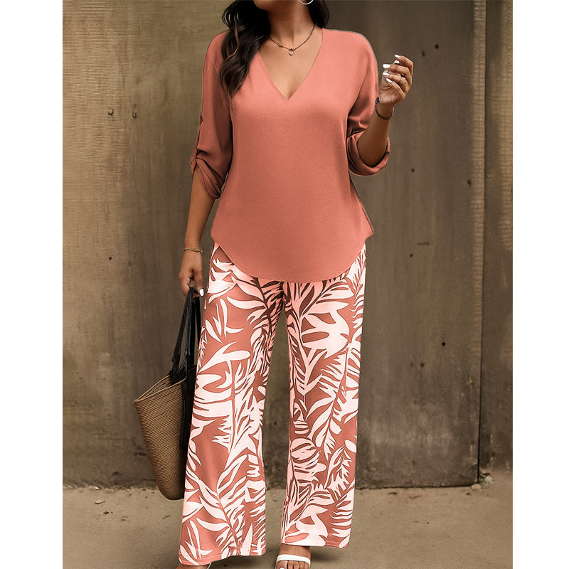 Leire - Conjunto de mujer blusa con cuello en V y pantalones estampados de corte ancho