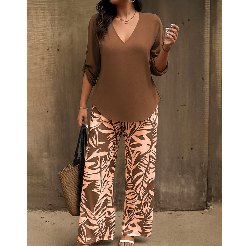Leire - Conjunto de mujer blusa con cuello en V y pantalones estampados de corte ancho