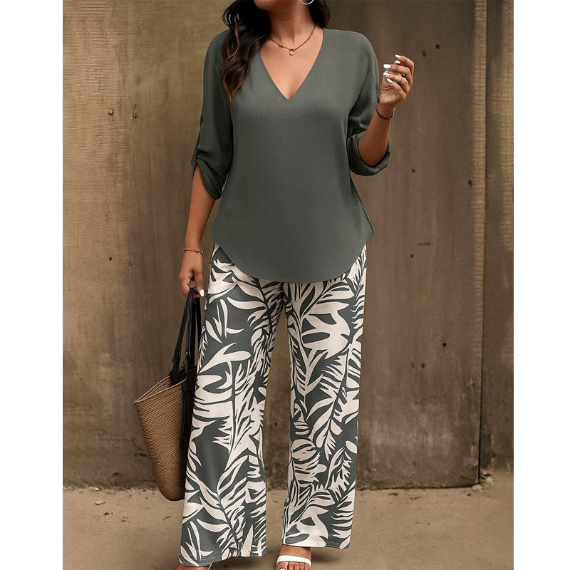 Leire - Conjunto de mujer blusa con cuello en V y pantalones estampados de corte ancho