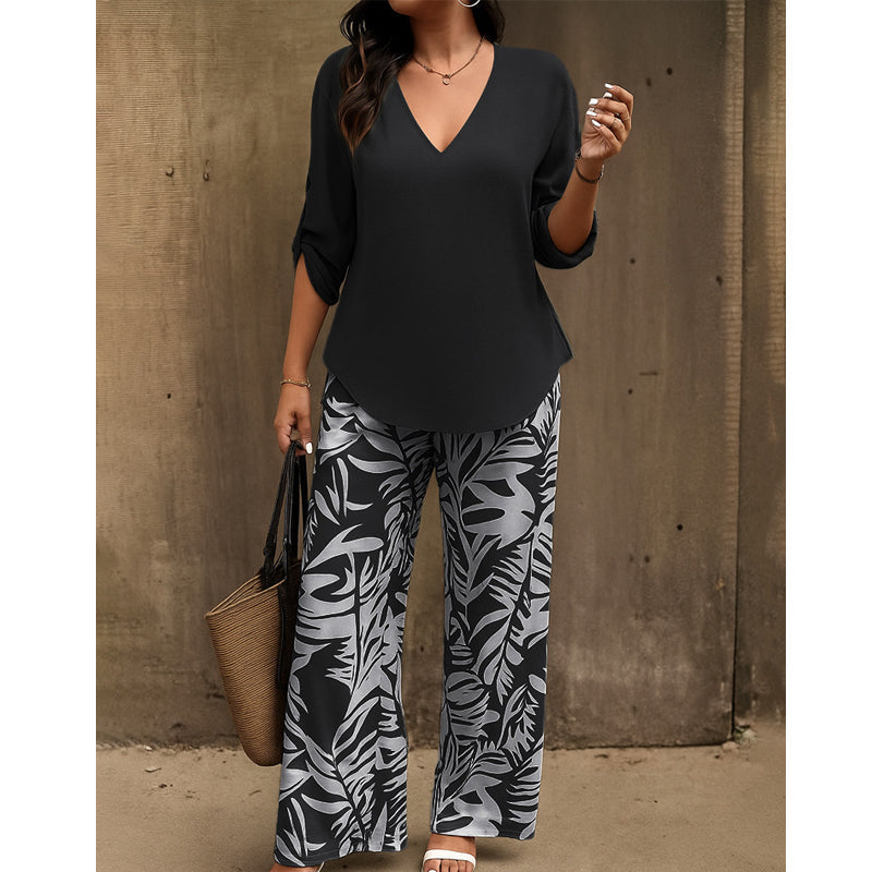 Leire - Conjunto de mujer blusa con cuello en V y pantalones estampados de corte ancho