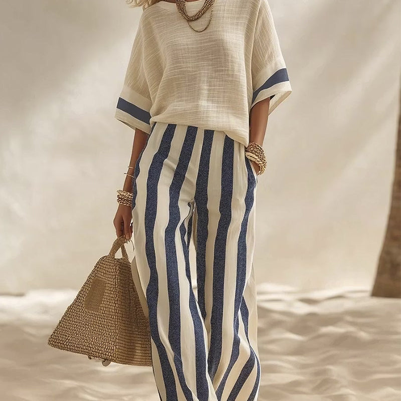 Adela | Conjunto de 2 Piezas de Pantalón Ancho a Rayas para Mujer – Fresco, Cómodo y Elegante