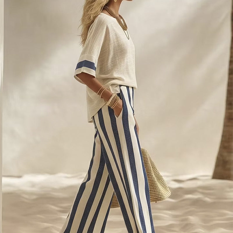Adela | Conjunto de 2 Piezas de Pantalón Ancho a Rayas para Mujer – Fresco, Cómodo y Elegante