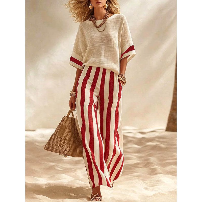 Adela | Conjunto de 2 Piezas de Pantalón Ancho a Rayas para Mujer – Fresco, Cómodo y Elegante