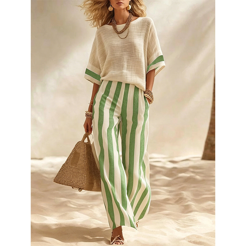 Adela | Conjunto de 2 Piezas de Pantalón Ancho a Rayas para Mujer – Fresco, Cómodo y Elegante