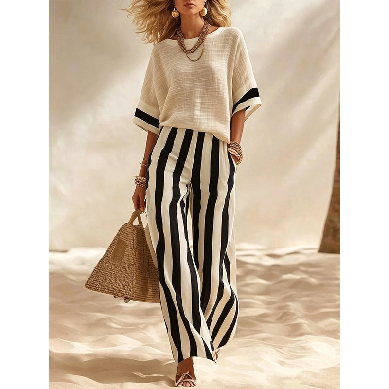 Adela | Conjunto de 2 Piezas de Pantalón Ancho a Rayas para Mujer – Fresco, Cómodo y Elegante