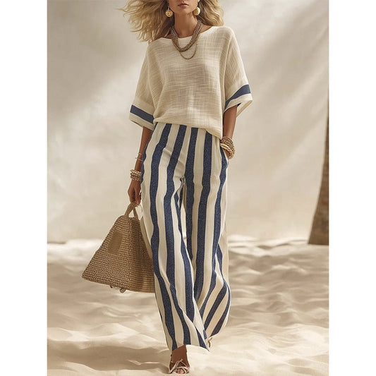 Adela | Conjunto de 2 Piezas de Pantalón Ancho a Rayas para Mujer – Fresco, Cómodo y Elegante