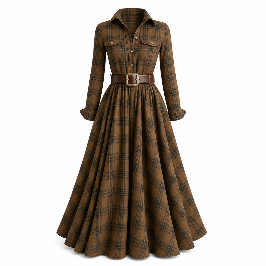Senna | Elegancia de inspiración francesa.Vestido largo de estilo retro con estampado de cuadros