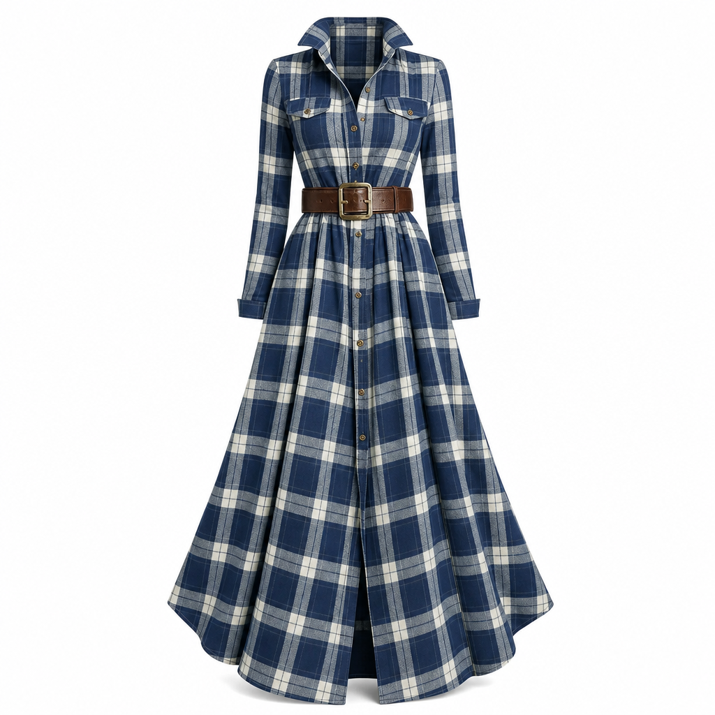 Senna | Elegancia de inspiración francesa.Vestido largo de estilo retro con estampado de cuadros