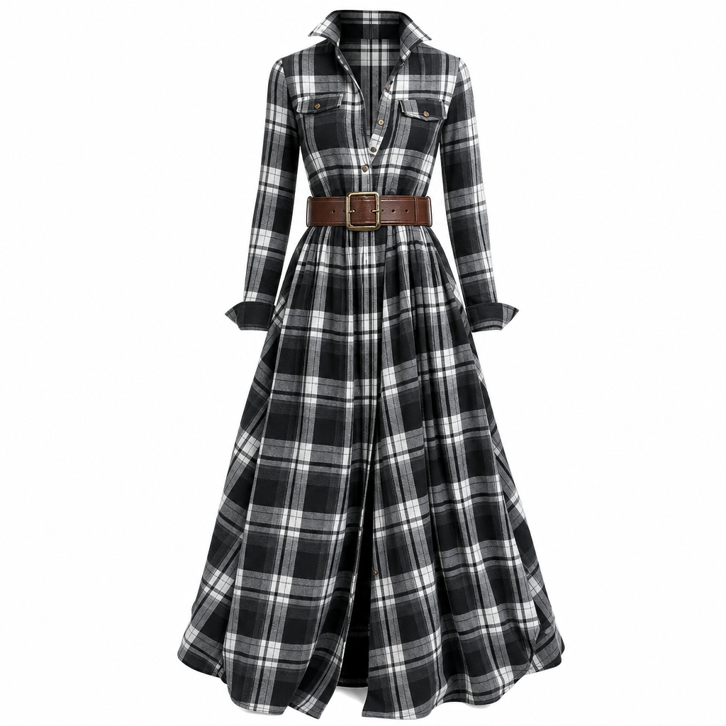 Senna | Elegancia de inspiración francesa.Vestido largo de estilo retro con estampado de cuadros